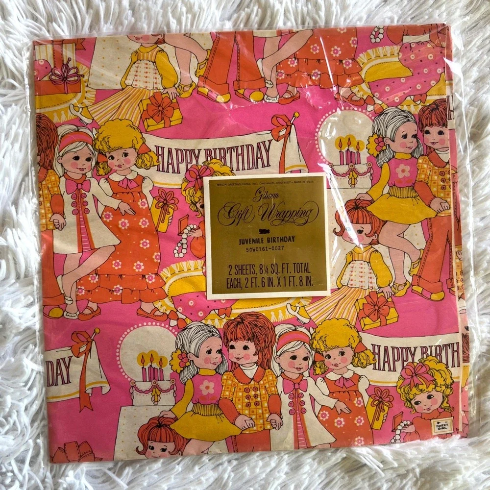 Vintage 70s Gibson Wrapping Paper Pink Girl Birthday New in Package Retro Crafts